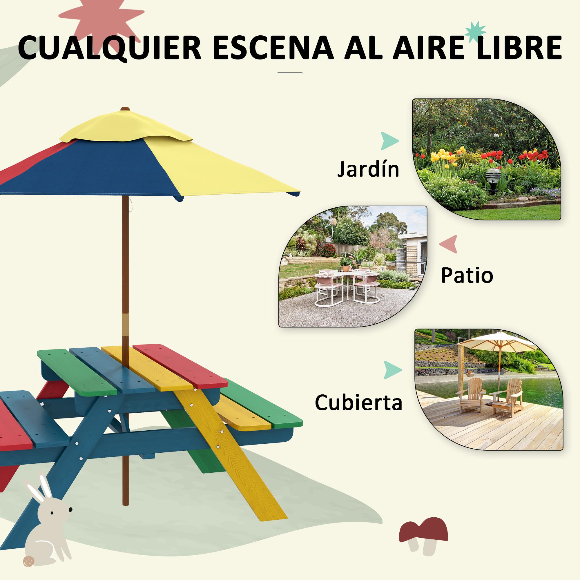 Mesa de Picnic para Niños de Madera Mesa y 2 Bancos Infantiles con Sombrilla Extraíble para Jardín Patio 85,5x75x142,5 cm Multicolor