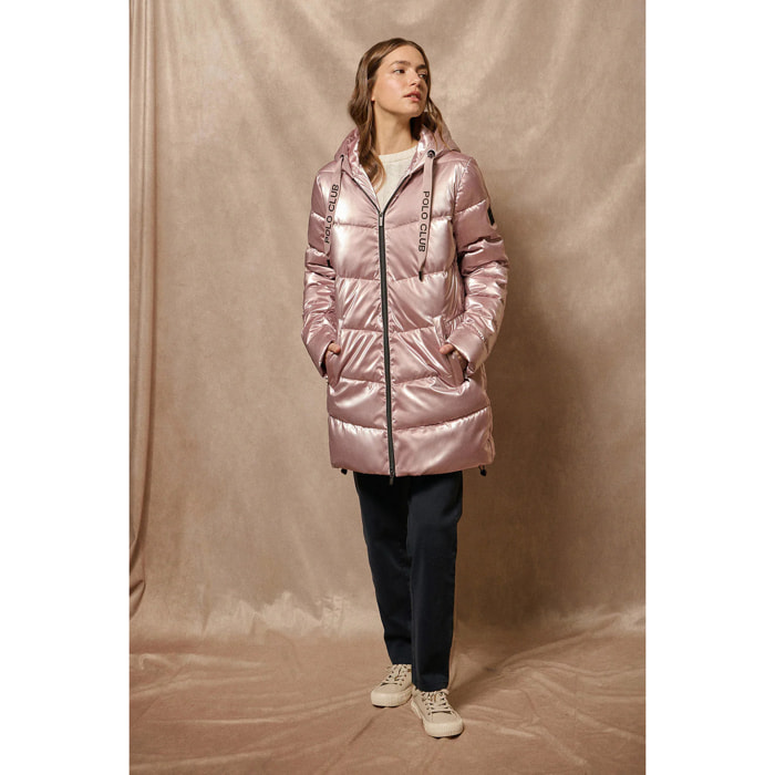 Giaccone Cetele rosa metallizzato con cappuccio fisso e particolari Polo Club