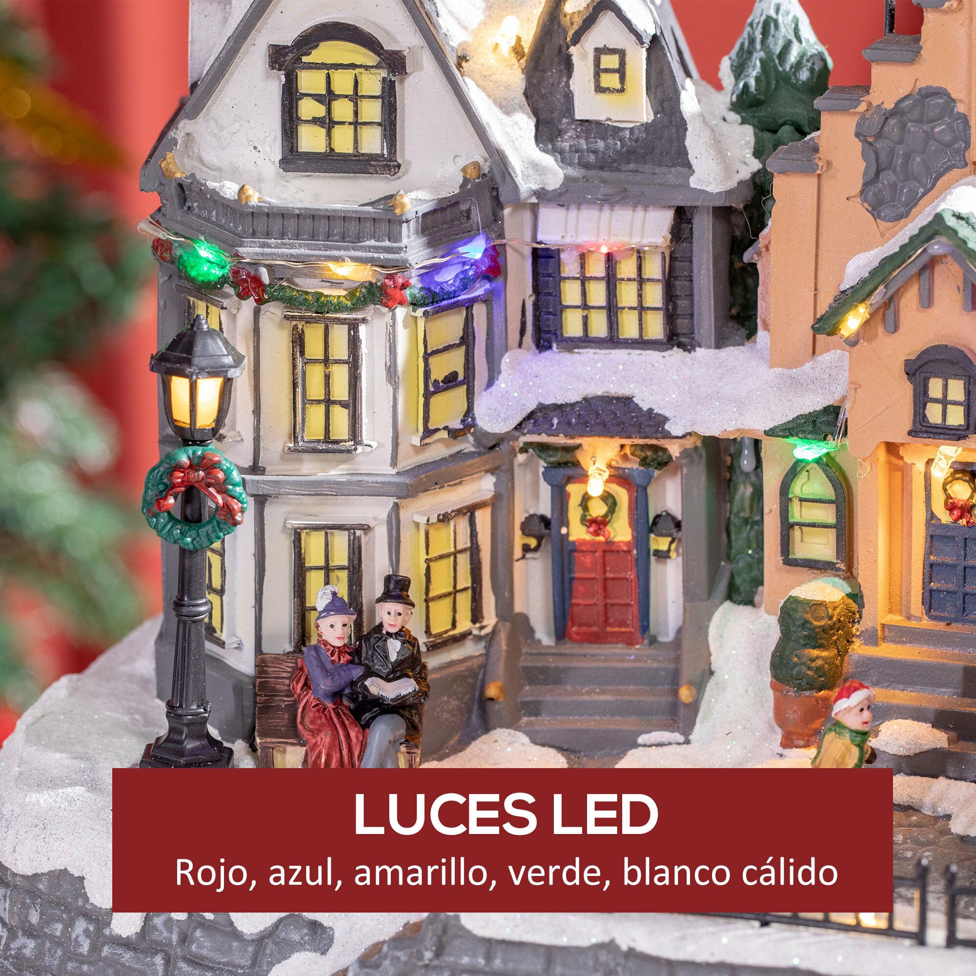 Pueblo Navideño Escena Navideña Iluminado con Luces LED Árbol de Navidad Papá Noel y Renos Móvil Decoración Navideña sobre Mesa 38,5x20,5x33 cm Multicolor