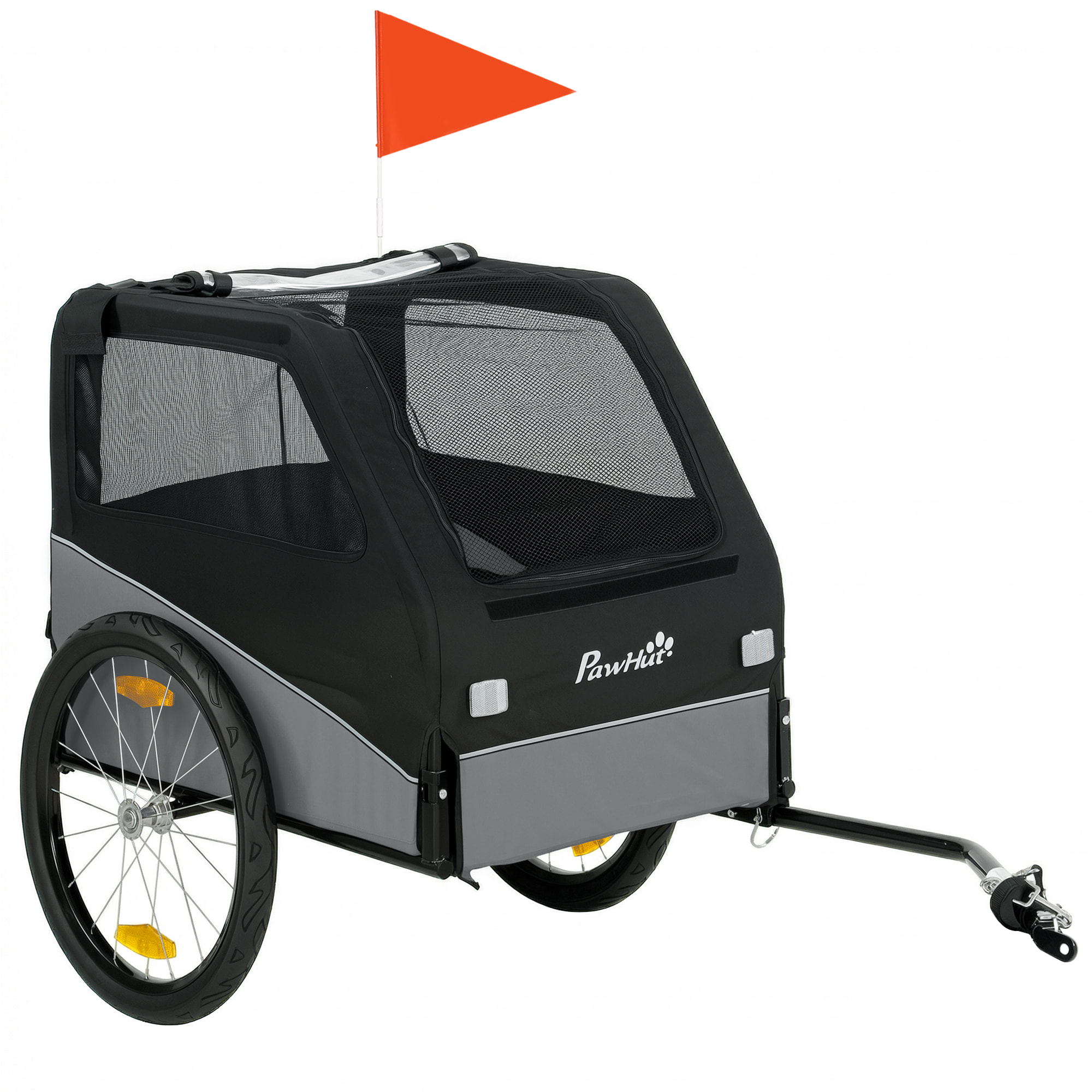 Remorque vélo chien pliable attache universelle pneus 20" réflecteurs drapeau harnais gris