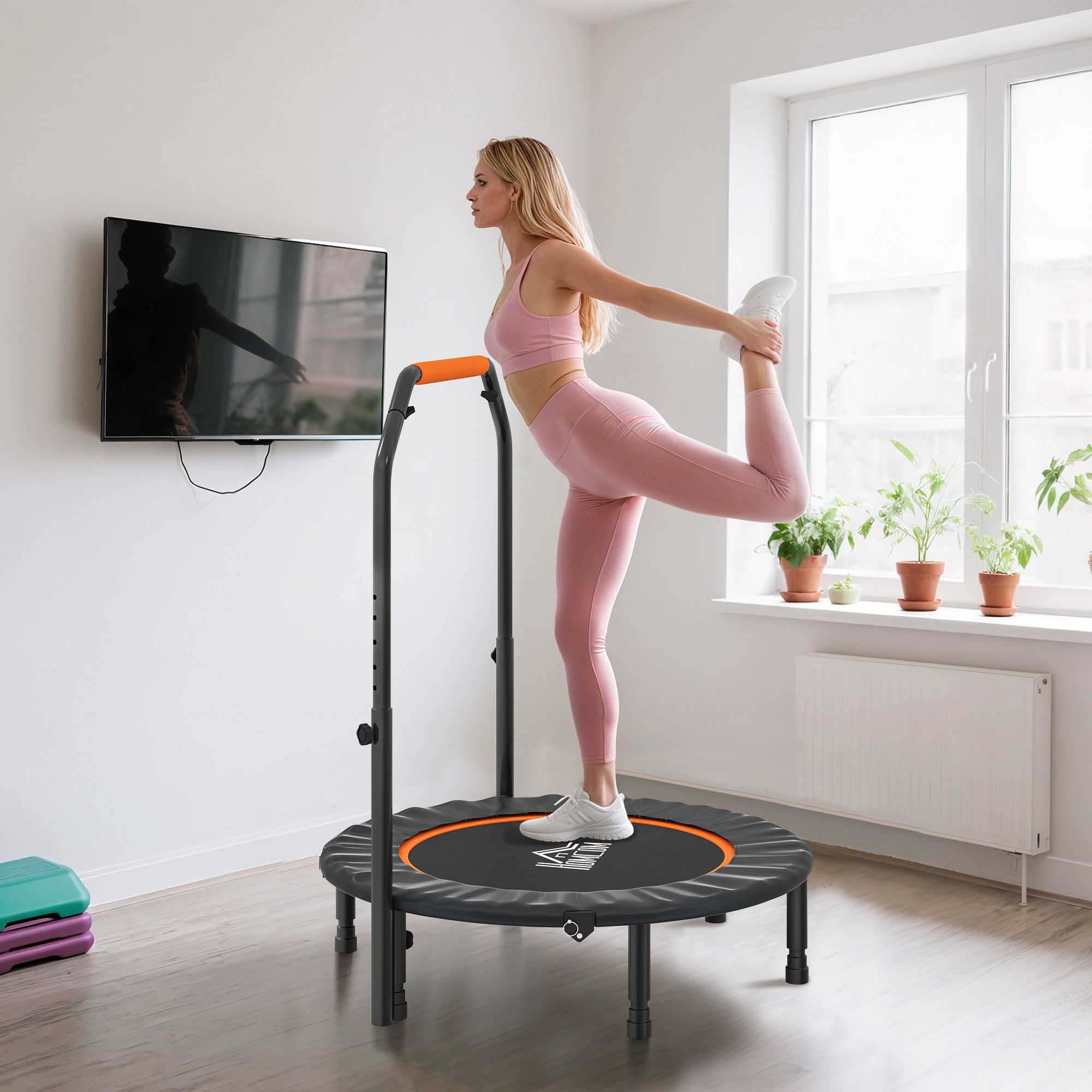 Trampolín de Fitness Adultos Ø102 cm, Cama Elástica Plegable con Mango Ajustable de 4 Niveles, Marco de Acero, para Entrenamiento Piernas, Cuerpo en Hogar, Oficina, Gimnasio, Negro y Naranja