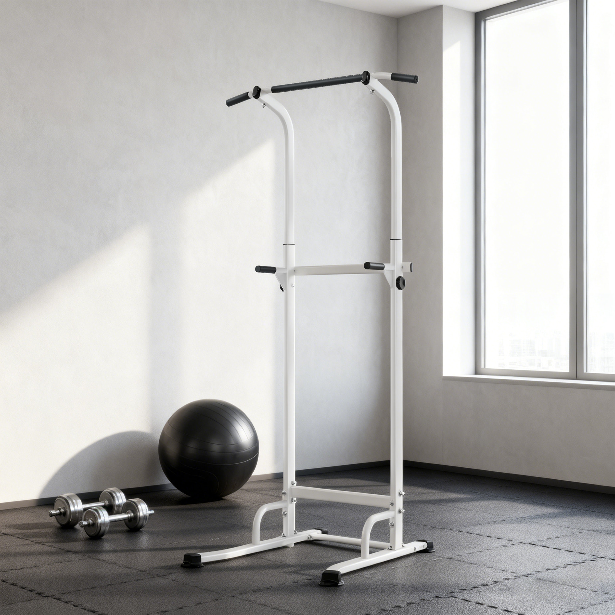 Station de traction et dips - barre de traction autoportante réglable H.176-227cm - acier blanc