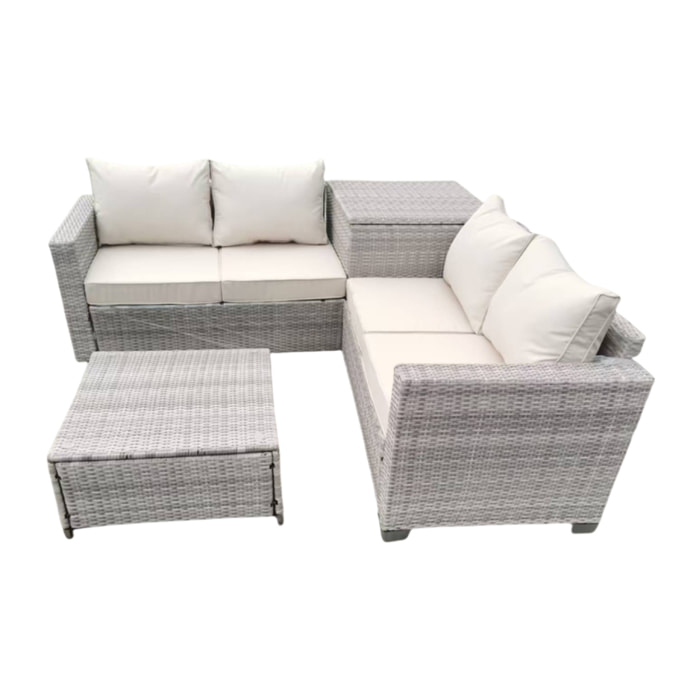 LIAM Salon de jardin d'angle 4 places en résine tressée avec coffre de rangement gris et beige