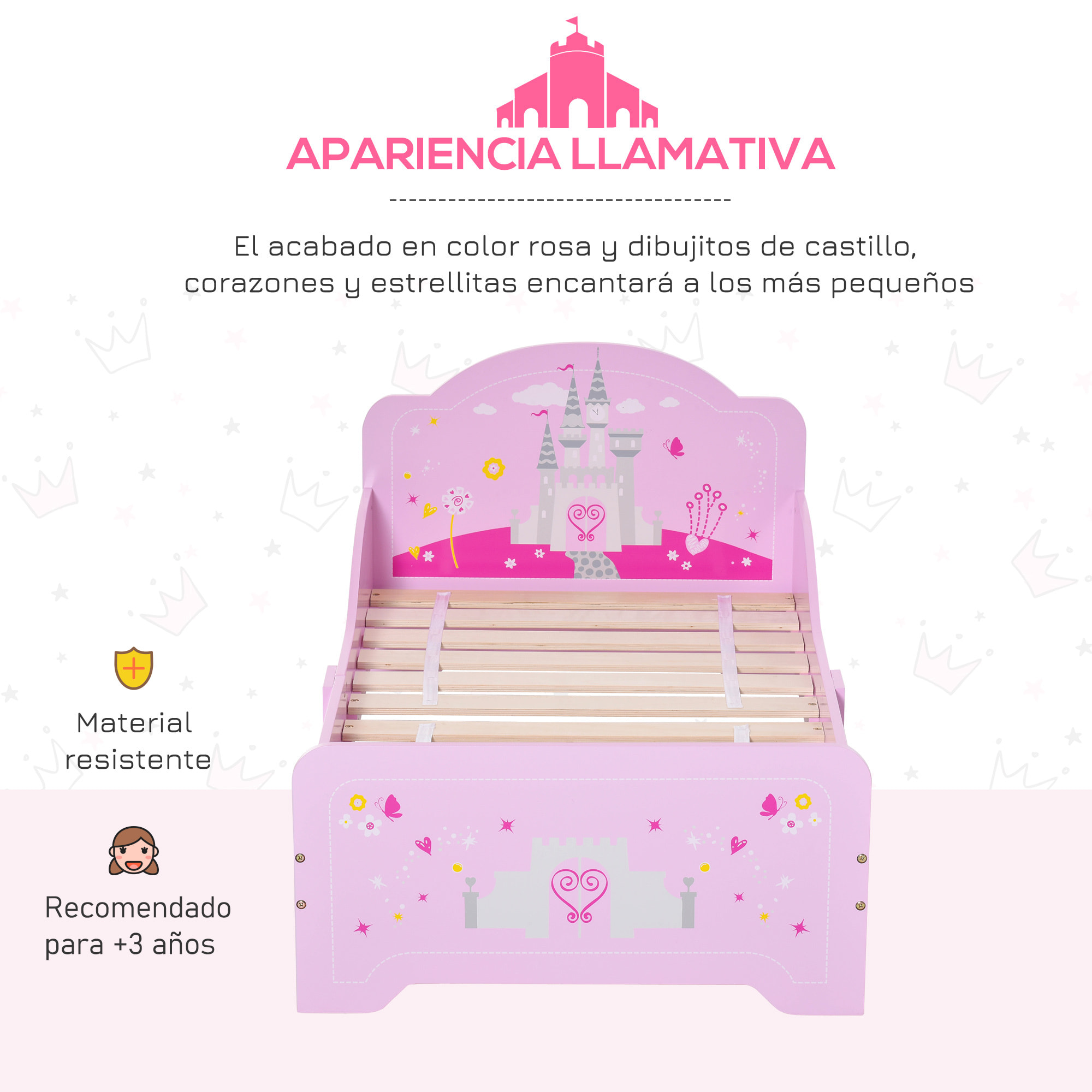 Cama Infantil de Madera para +3 Años con Lateral de Protección 143x73x60cm Rosa