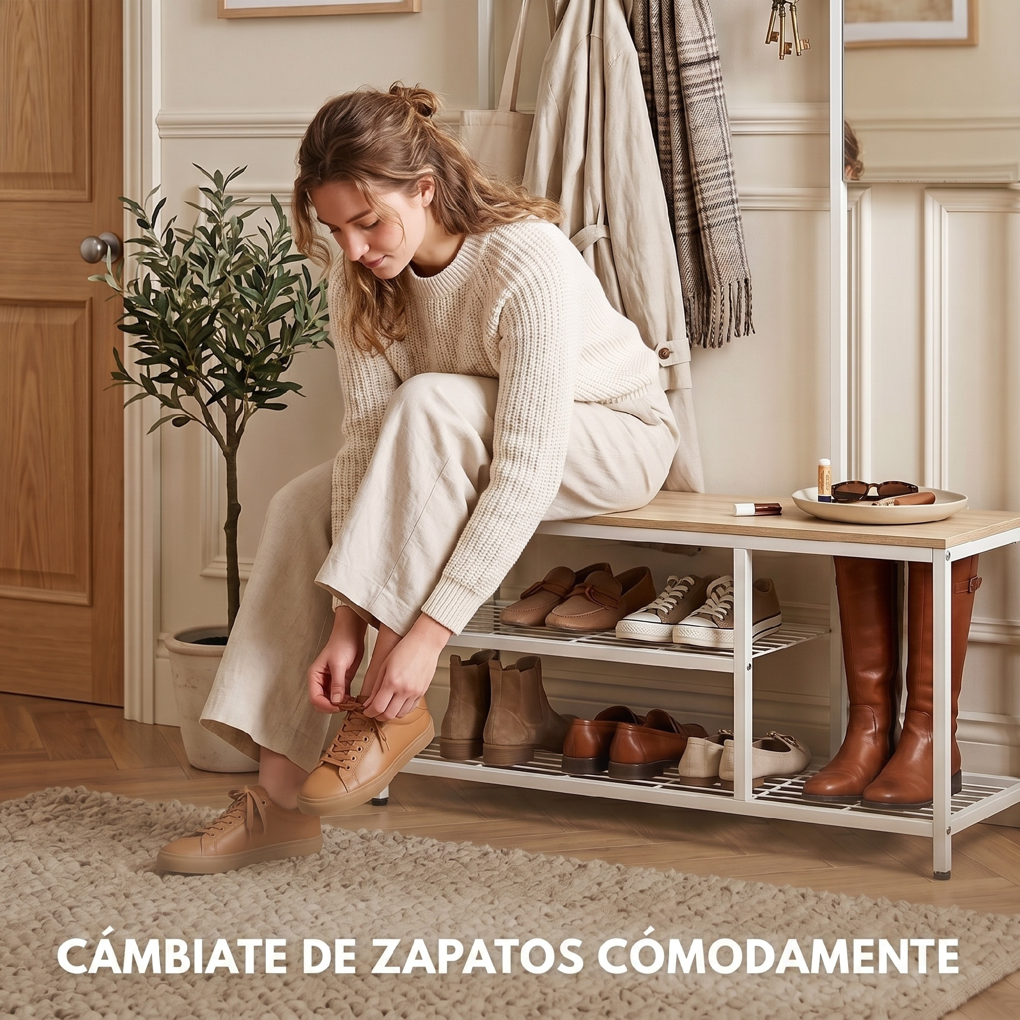 Perchero Zapatero 4 en 1, Perchero Recibidor con Banco Zapatero, Espejo, 8 Ganchos y Marco Metálico, Estilo Moderno, para Entrada, Pasillo, Natural