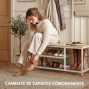 Perchero Zapatero 4 en 1, Perchero Recibidor con Banco Zapatero, Espejo, 8 Ganchos y Marco Metálico, Estilo Moderno, para Entrada, Pasillo, Natural