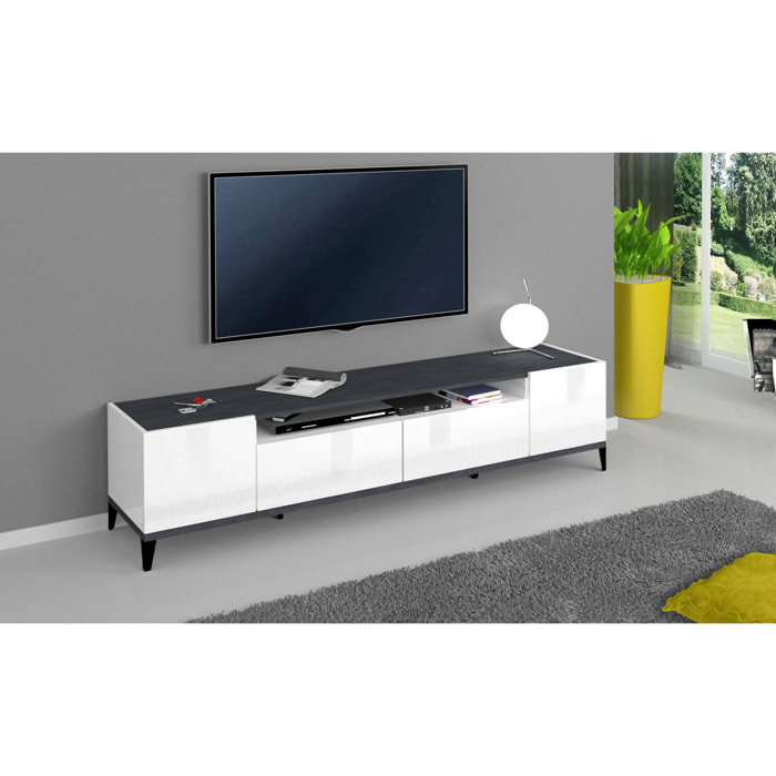 Mobile porta TV Abina, Credenza bassa da soggiorno a 2 ante, Base porta televisione, 100% Made in Italy, cm 200x40h47, Bianco lucido e Ardesia