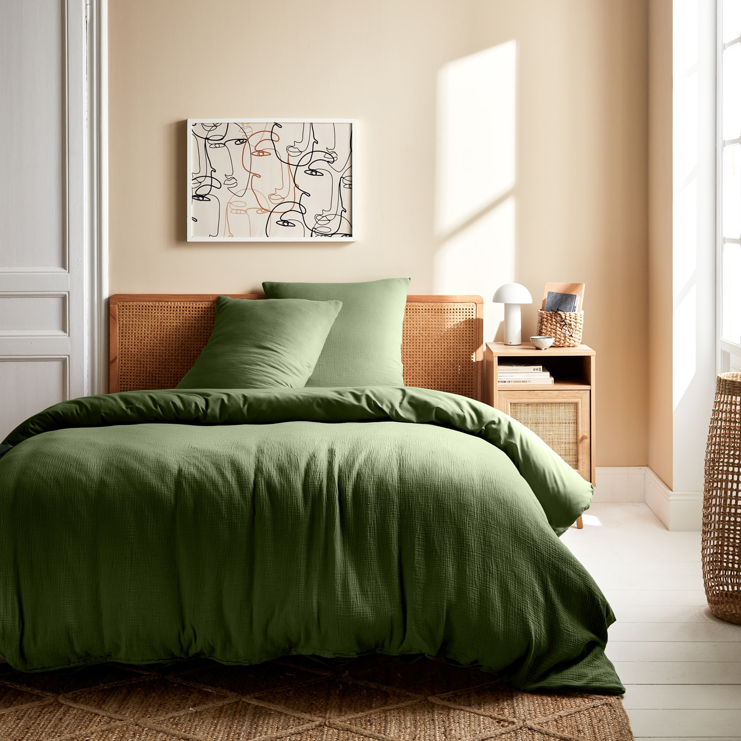 Parure de lit gaze de coton kaki ALIX