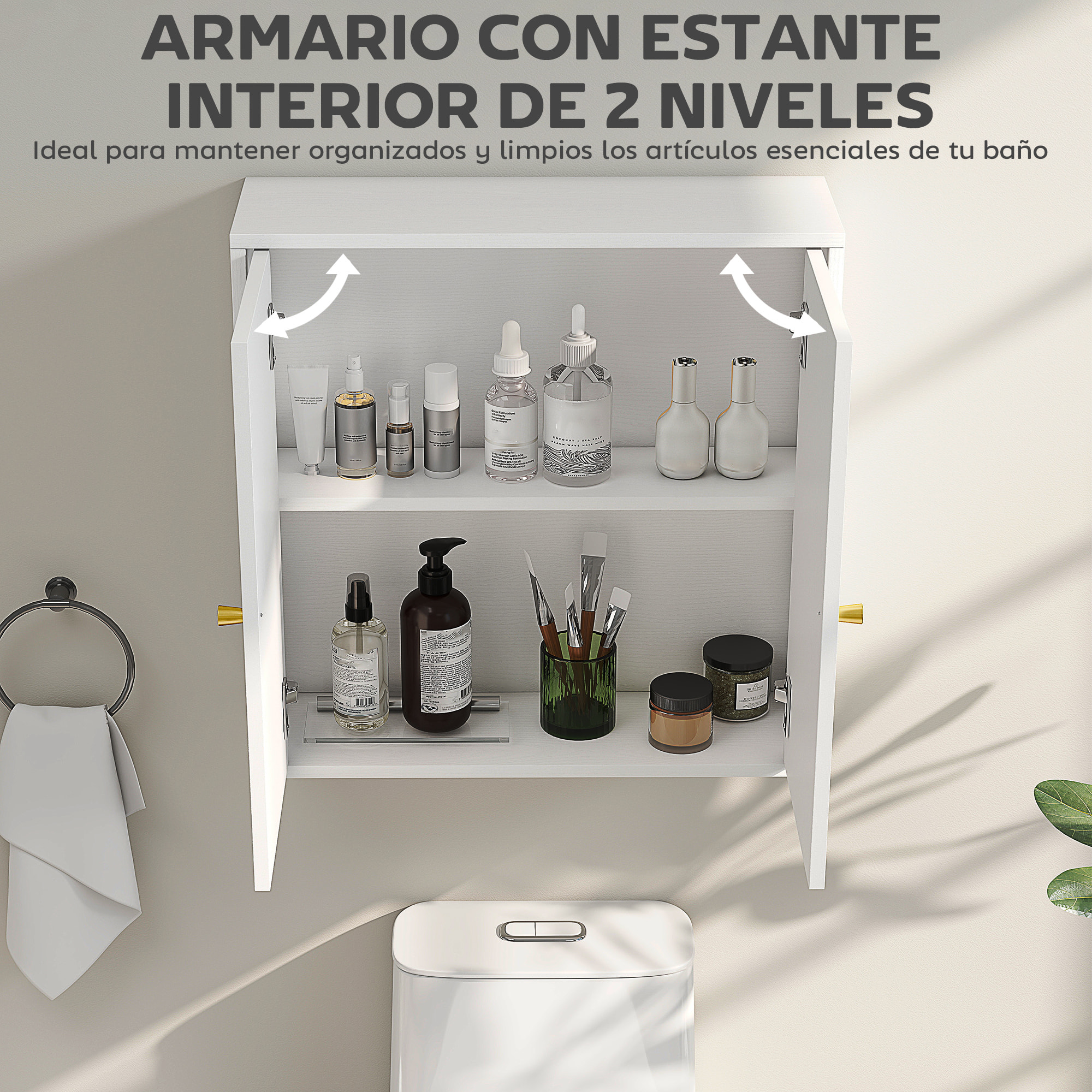 Armario de Baño de Pared Mueble de Baño Colgar con Estantes 2 Puertas con Diseño de Arco Tiradores Dorados 60x20x60 cm Blanco