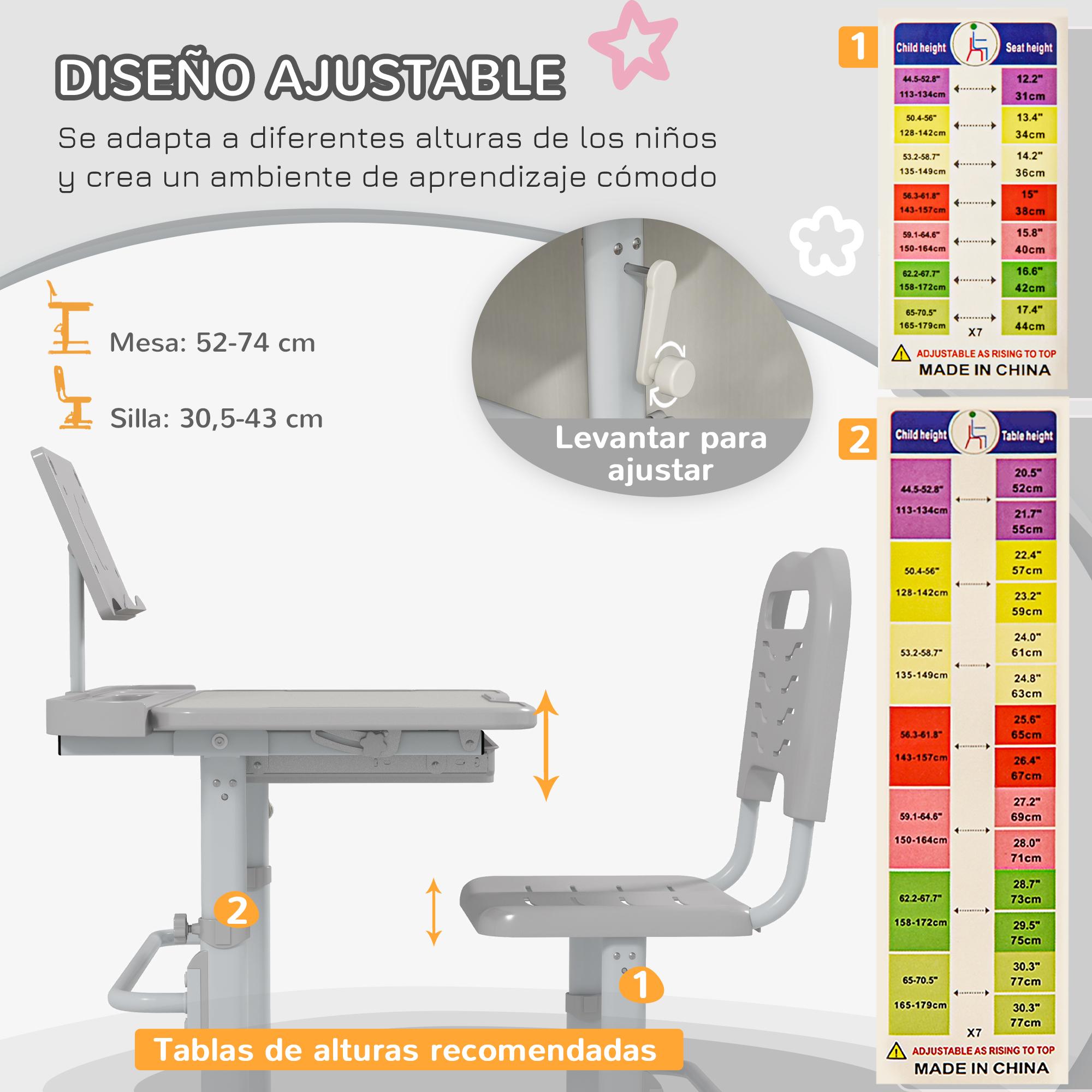 Juego de Escritorio y Silla para Niños de 6-12 Años Pupitre Infantil Altura Ajustable con 1 Cajón 1 Estante para Libros y Ángulo de Mesa Ajustable 80x49,5x82-104 cm Gris y Blanco