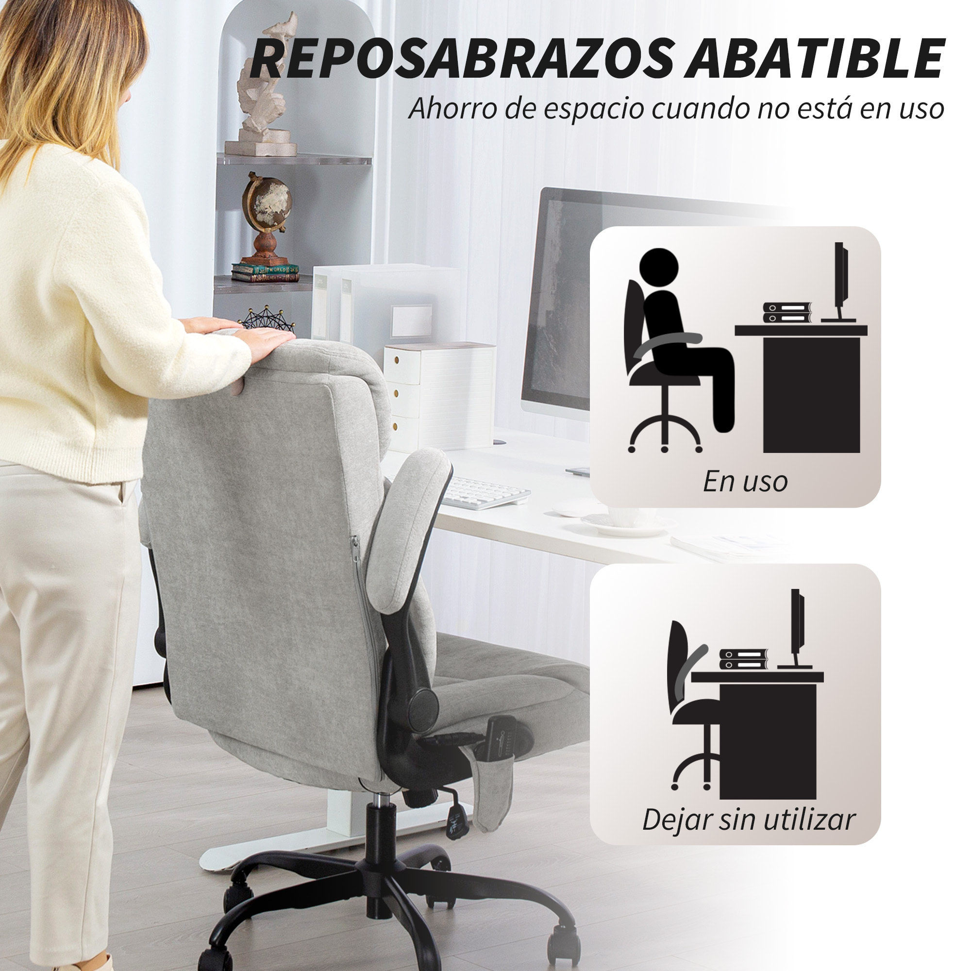 Silla de Oficina con Masaje y Función de Calefacción Silla de Escritorio Giratoria con Altura Ajustable Reposabrazos Abatibles Respaldo Alto y Mando a Distancia Gris