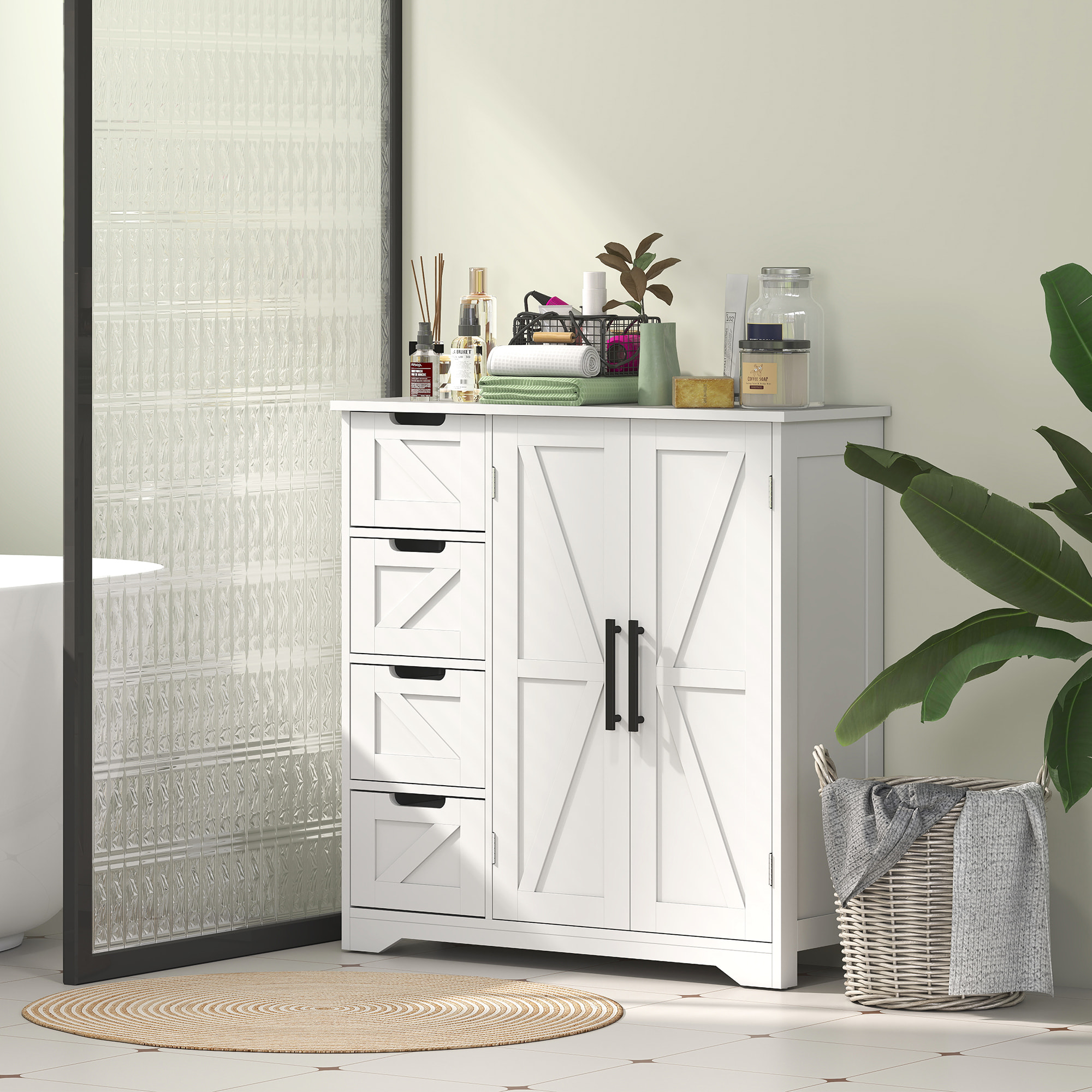 Meuble de salle de bain, meuble de rangement, armoire salle de bain avec 4 tiroirs, 1 placard, étagère réglable, pour salon, salle à manger, petits espaces, 81,2 x 30 x 83,8 cm, blanc