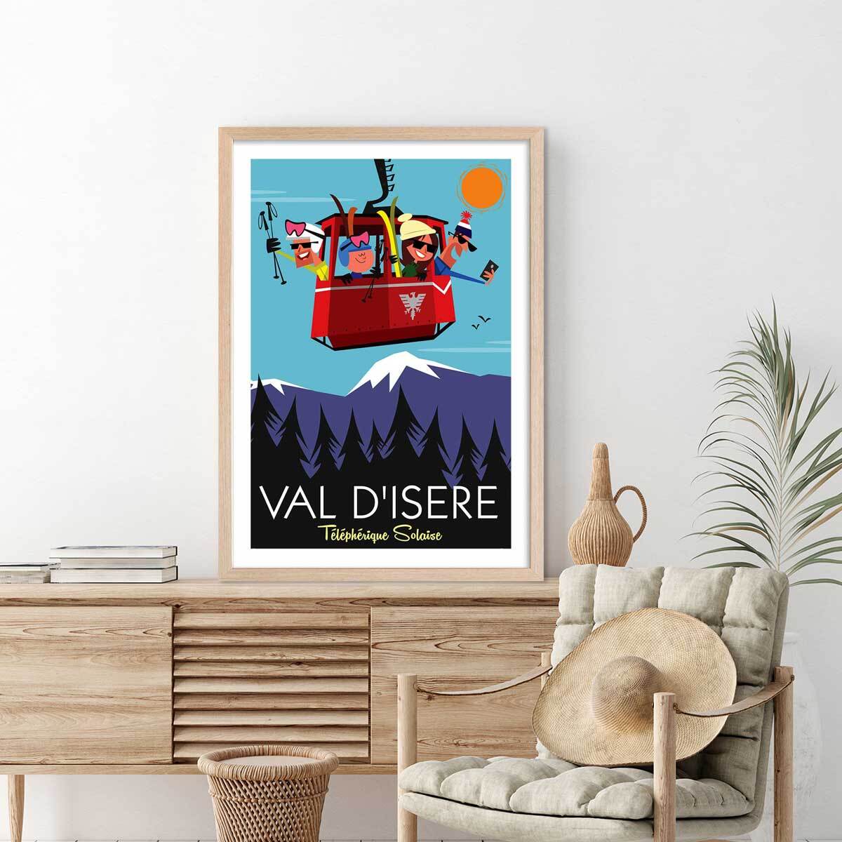 Affiche Ski à Val D'Isère Affiche + cadre en bois - Chêne
