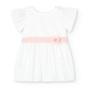 Vestido batista bordada niña, mangas cortas, blanco