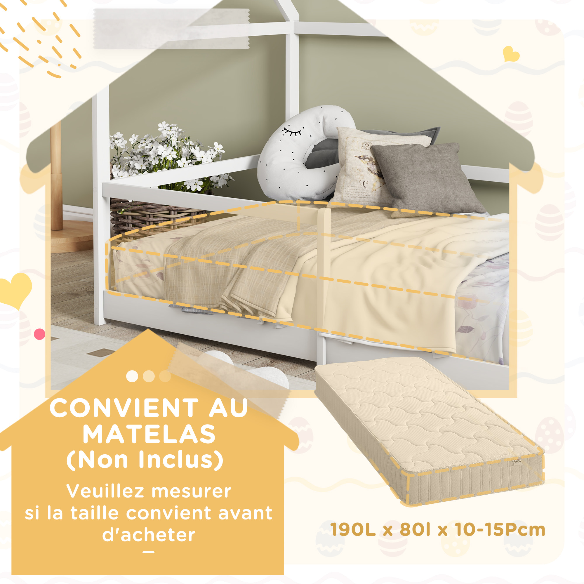 Lit cabane enfant 90x190cm - sommier et barrière inclus - bois pin panneaux blanc