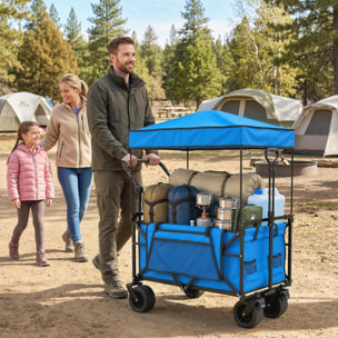 Carro Playa con Ruedas Grandes con Freno, Techo Extraíble, Carro Plegable para Jardín con Barra Ajustable, Portavasos y Bolsillos, Carga 100 kg, para Todo Terreno, Campaña, Compras, Azul