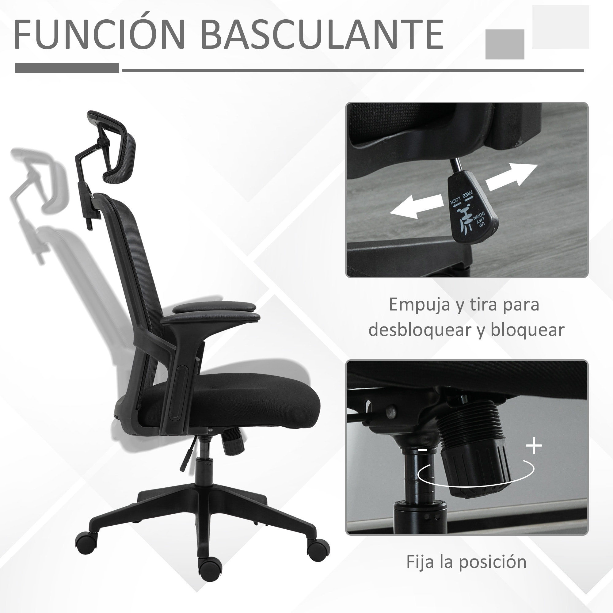 Vinsetto Silla de Oficina Ergonómica Silla Escritorio Giratoria con Altura Ajustable Reposacabezas Soporte Lumbar Regulables y Respaldo Transpirable 63,5x64,5x113-122 cm Negro