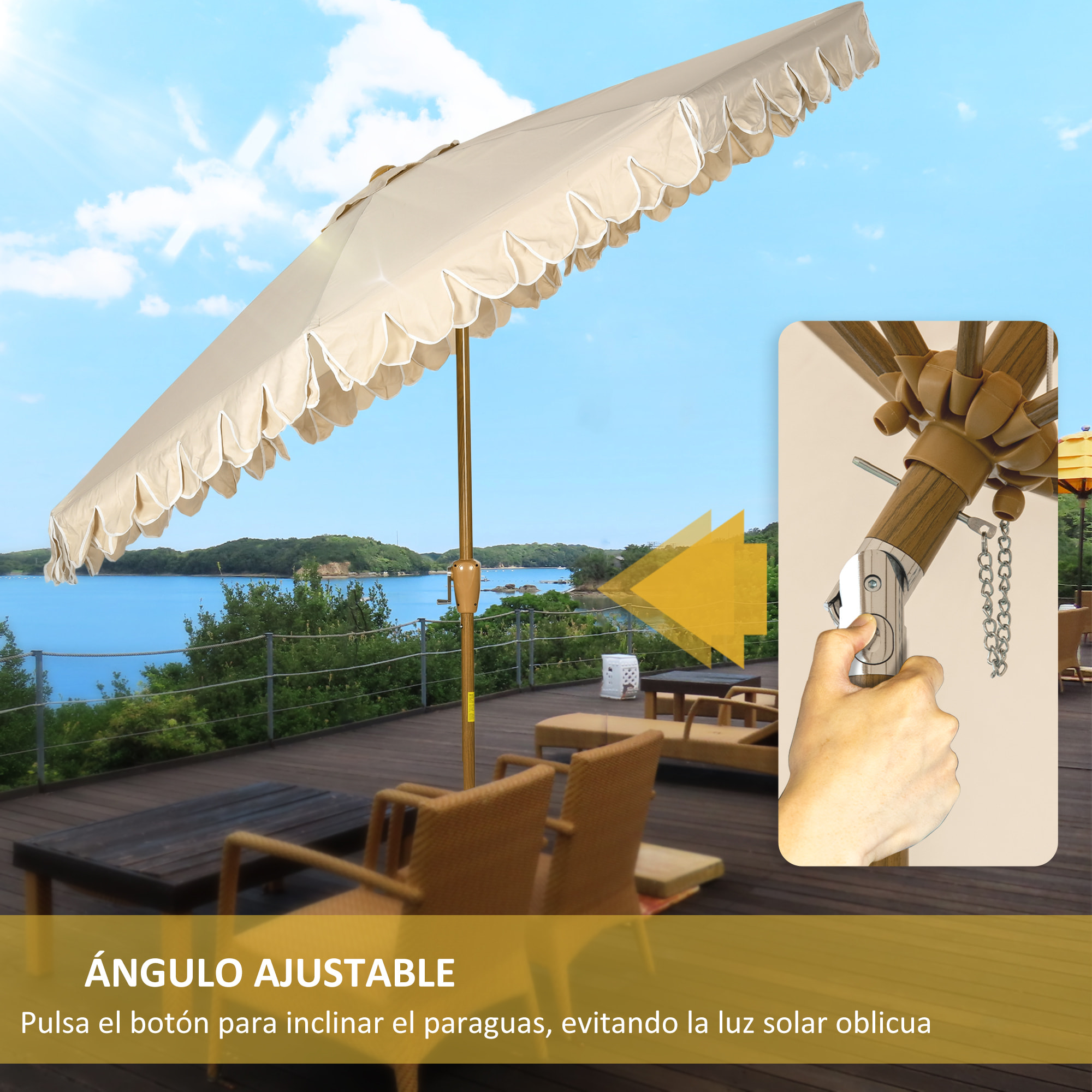 Sombrilla de Terraza Ø264x240 cm Parasol de Jardín con Ángulo Ajustable Manivela y Volantes Impermeable para Playa Patio Balcón Caqui