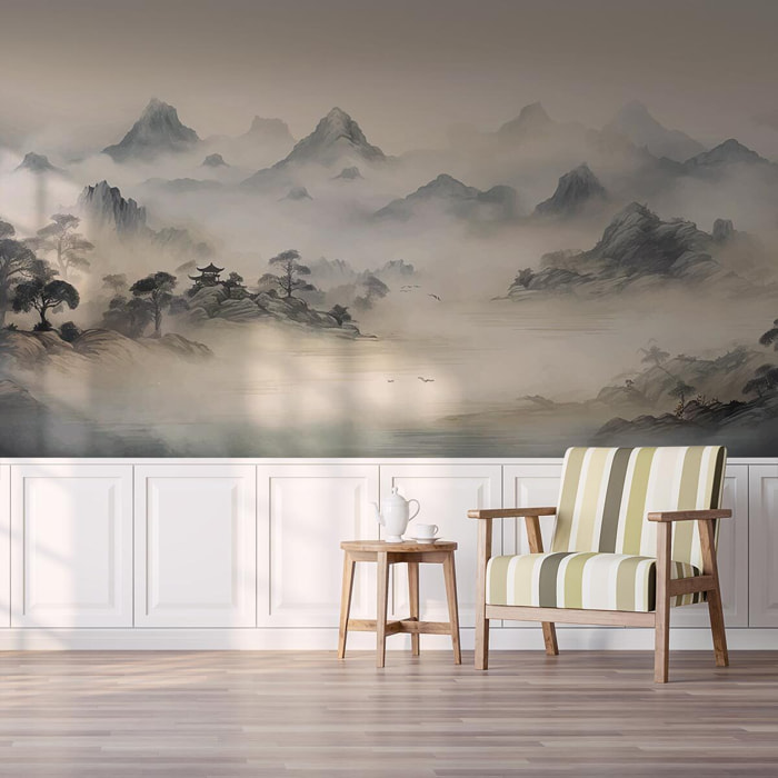 Papier peint paysage montagne brume asiatique aquarelle zen Intissé