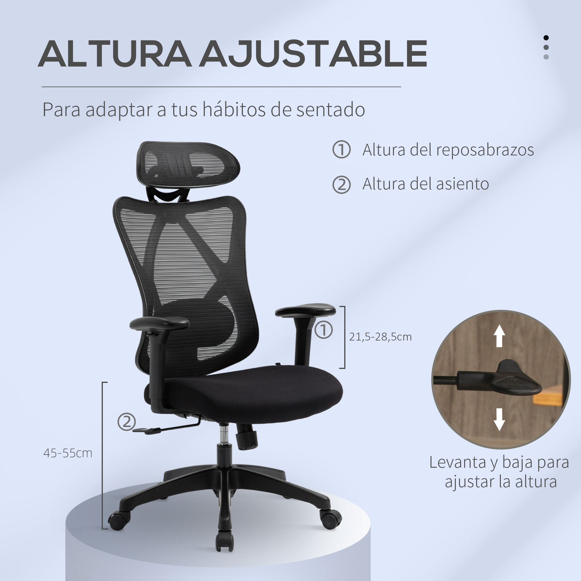 Vinsetto Silla de Oficina Giratoria con Reposabrazos 2D Silla Escritorio Regulable en Altura Reposacabezas Soporte Lumbar y Respaldo Alto Malla Transpirable 67x64x117-127 cm Negro