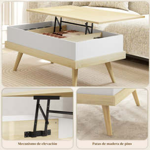 Mesa de Centro Elevable, Mesita de Salón con 3 Compartimientos de Almacenaje Ocultos y Patas de Madera, Mesa de Café para Oficina, Dormitorio, 100x79x54 cm, Natural y Blanco