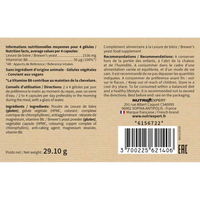 NUTRIEXPERT - Levure de bière - Beauté et santé des cheveux et des ongles - Concentré de nutriments - 60 gélules végétales - Lot de 2 produits