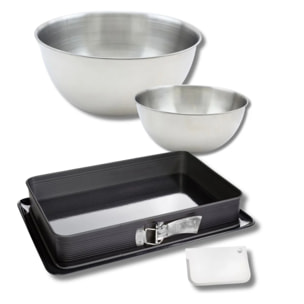 Set à pâtisserie avec 1 Moule à gâteaux rectangulaire à charnière, 1 spatule Zenker et 2 bols à mixer en inox Fackelmann