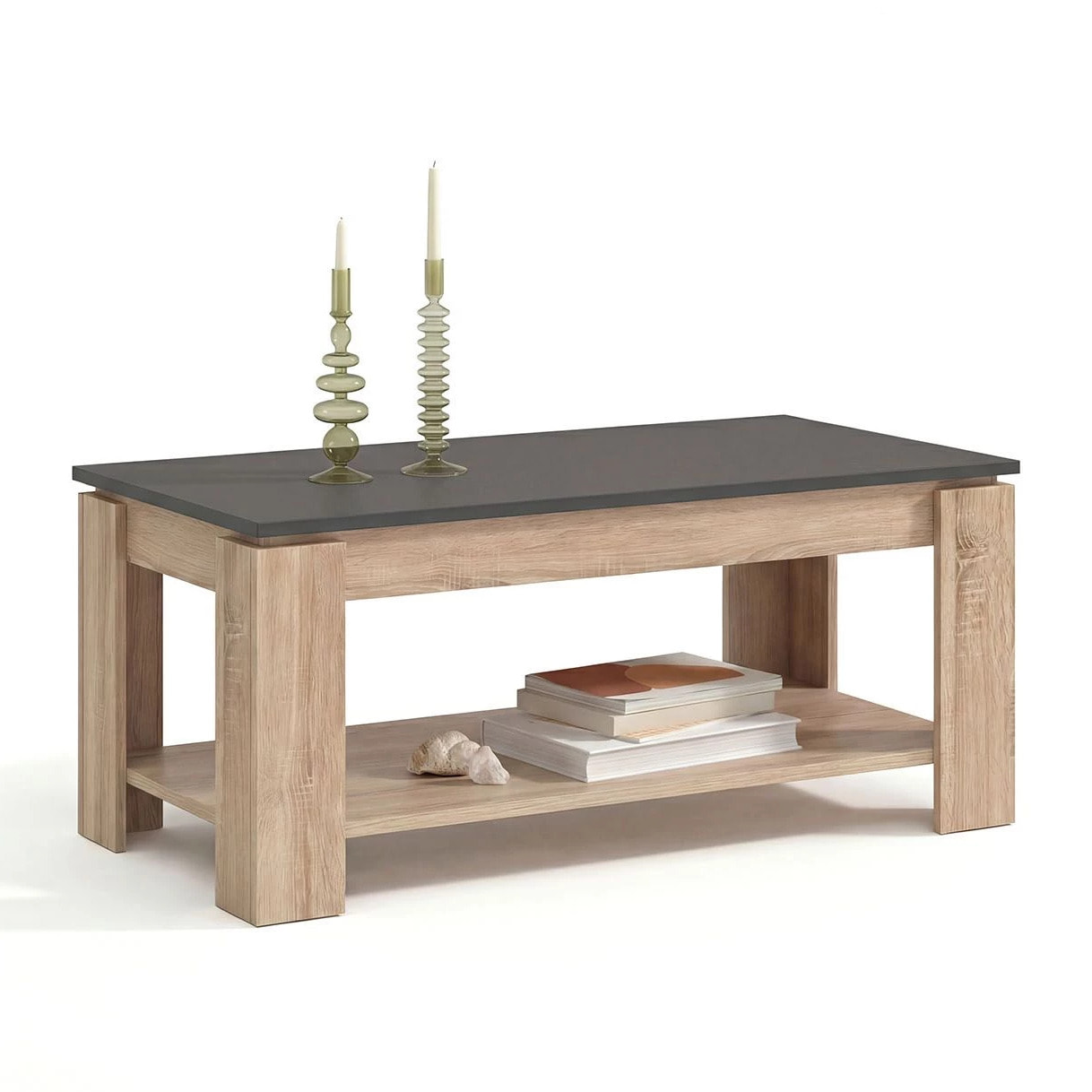 Mesa de centro elevable con almacenaje en roble canadian y gris grafito 102x43-54 cm Lya Roble Canadian - Gris Grafito