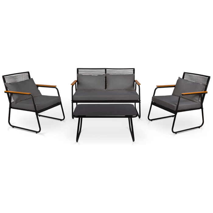 Conjunto de jardín 4 plazas, mesa centro+sofá+sillones de acero gris