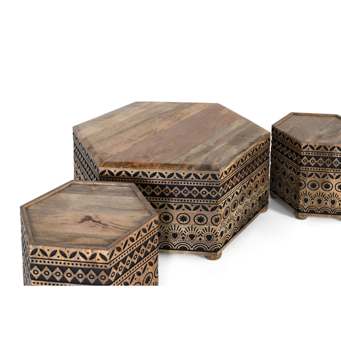 Lot de table et tabourets de bois de manguier 93 cm style ethnique