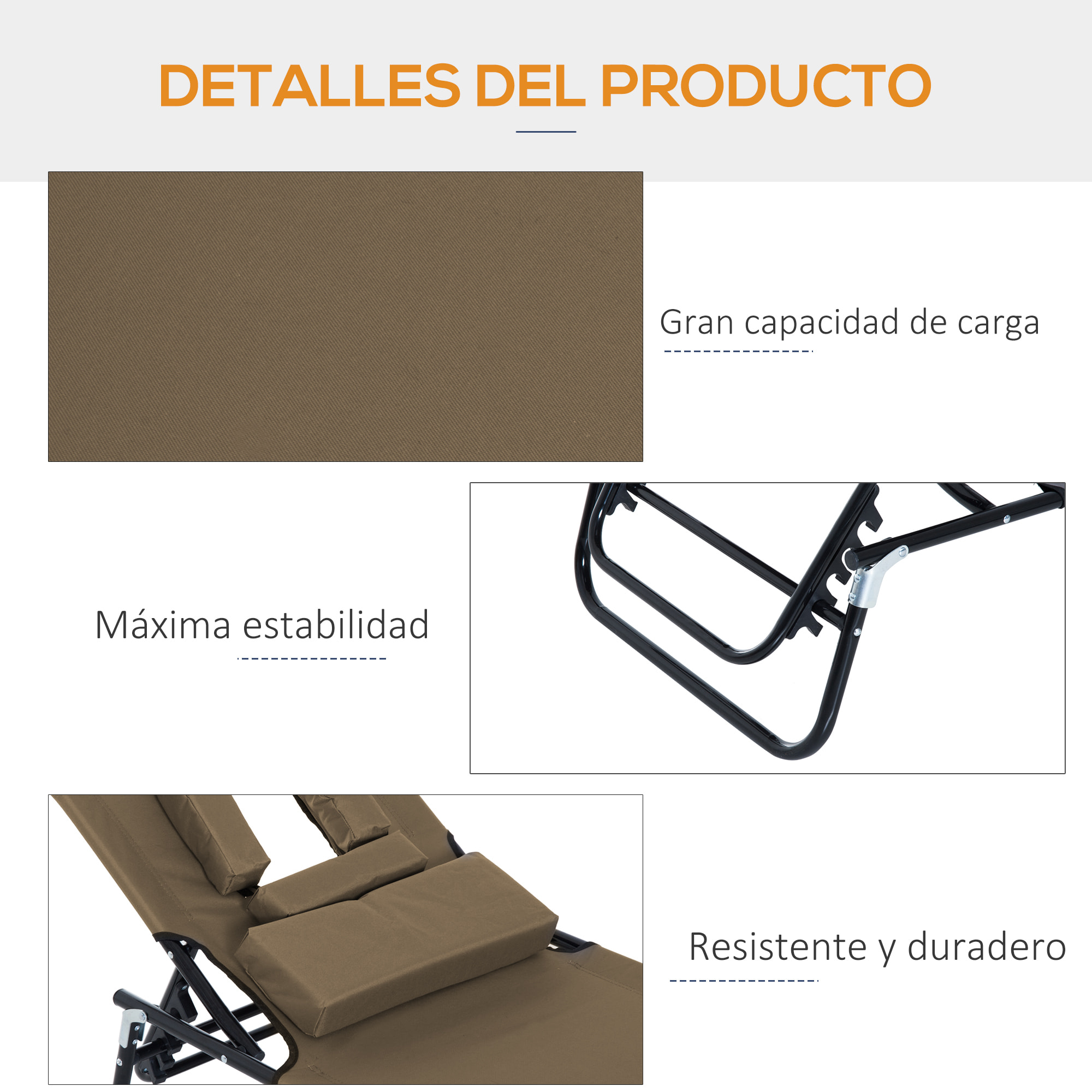 Tumbona Plegable con Respaldo Regulable en 4 Posiciones Tumbona de Jardín con Orificio de Lectura Almohada Marco Metálico y Tela Oxford para Playa Terraza Carga 120 kg 190x56x28 cm Marrón