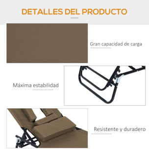 Tumbona Plegable con Respaldo Regulable en 4 Posiciones Tumbona de Jardín con Orificio de Lectura Almohada Marco Metálico y Tela Oxford para Playa Terraza Carga 120 kg 190x56x28 cm Marrón