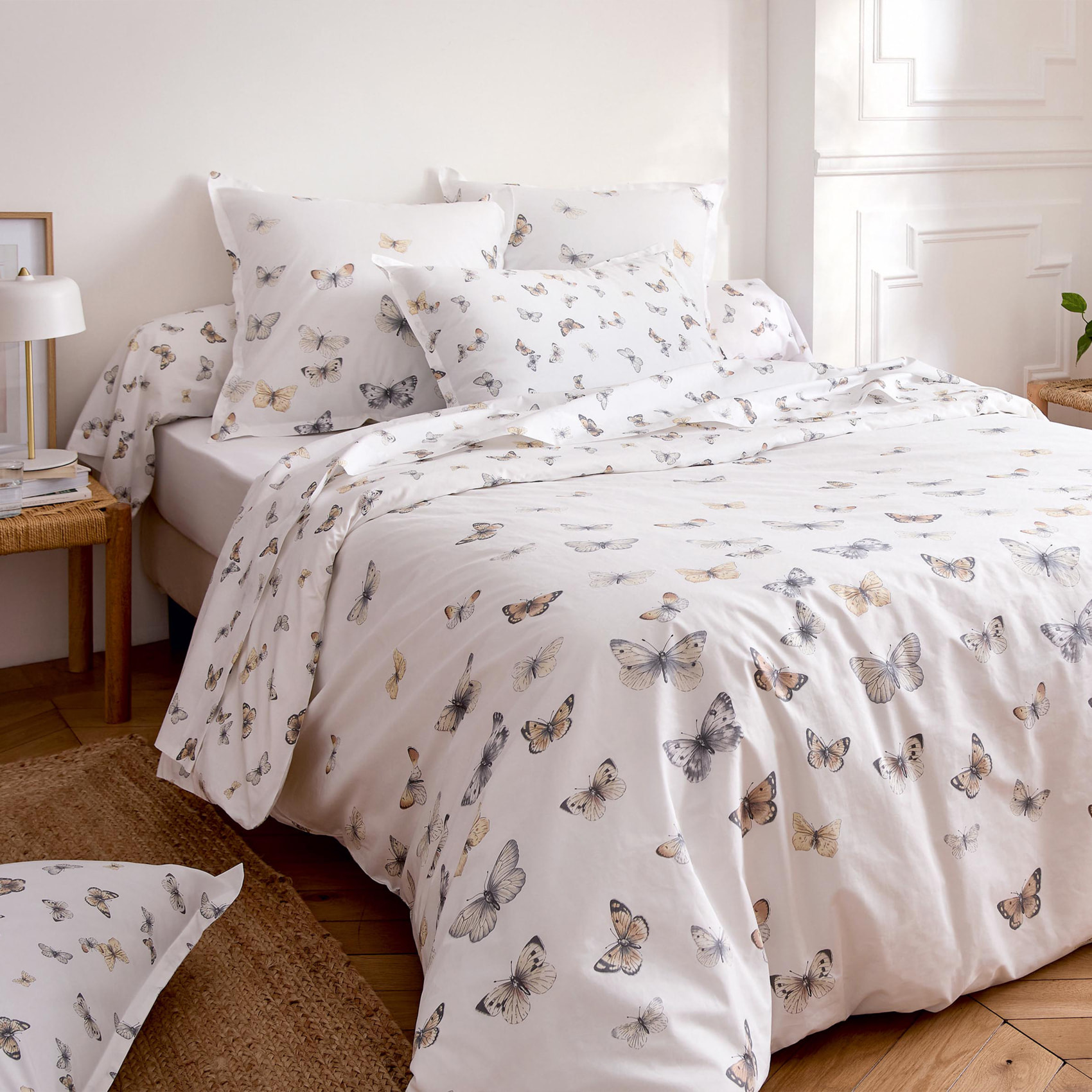 Housse de couette percale de coton 80 fils motif papillons - Blanc