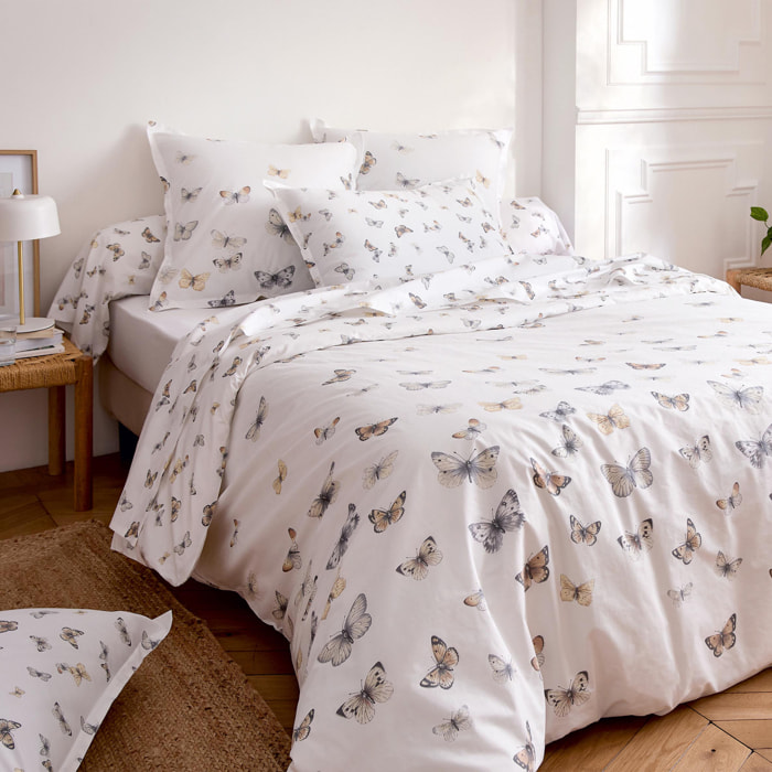Housse de couette percale de coton 80 fils motif papillons - Blanc