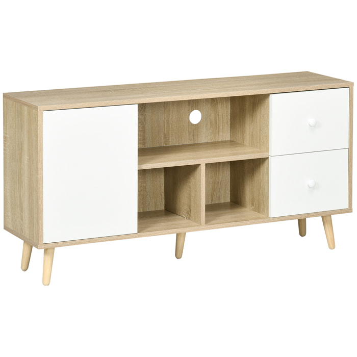 Meuble TV scandinave porte 3 niches 2 tiroirs piètement bois de pin aspect chêne clair blanc