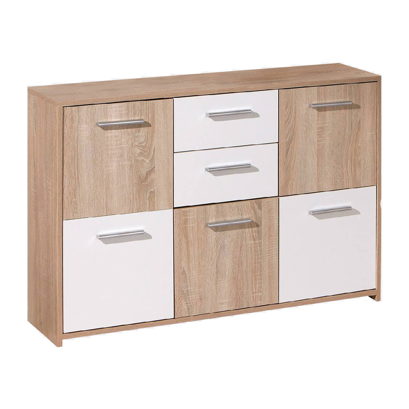 Credenza a cinque ante e due cassetti nella parte centrale, colore bianco e rovere, Misure 115 x 77 x 30 cm