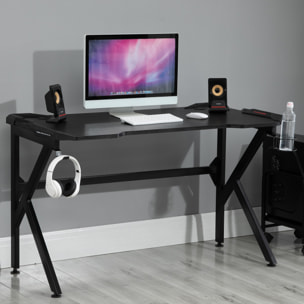 Bureau gaming bureau gamer bureau informatique support casque porte-gobelet passe-câbles inclus métal MDF texture fibre carbone noir