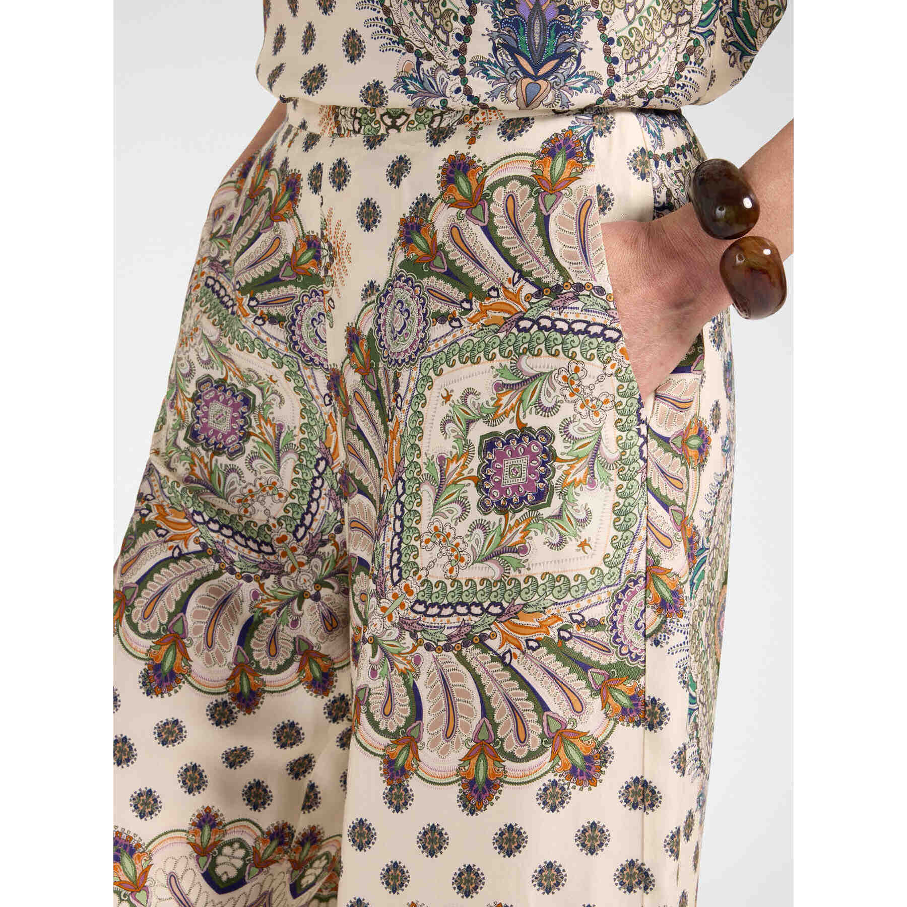 Elena Mirò - Pantaloni palazzo in raso stampati - Beige
