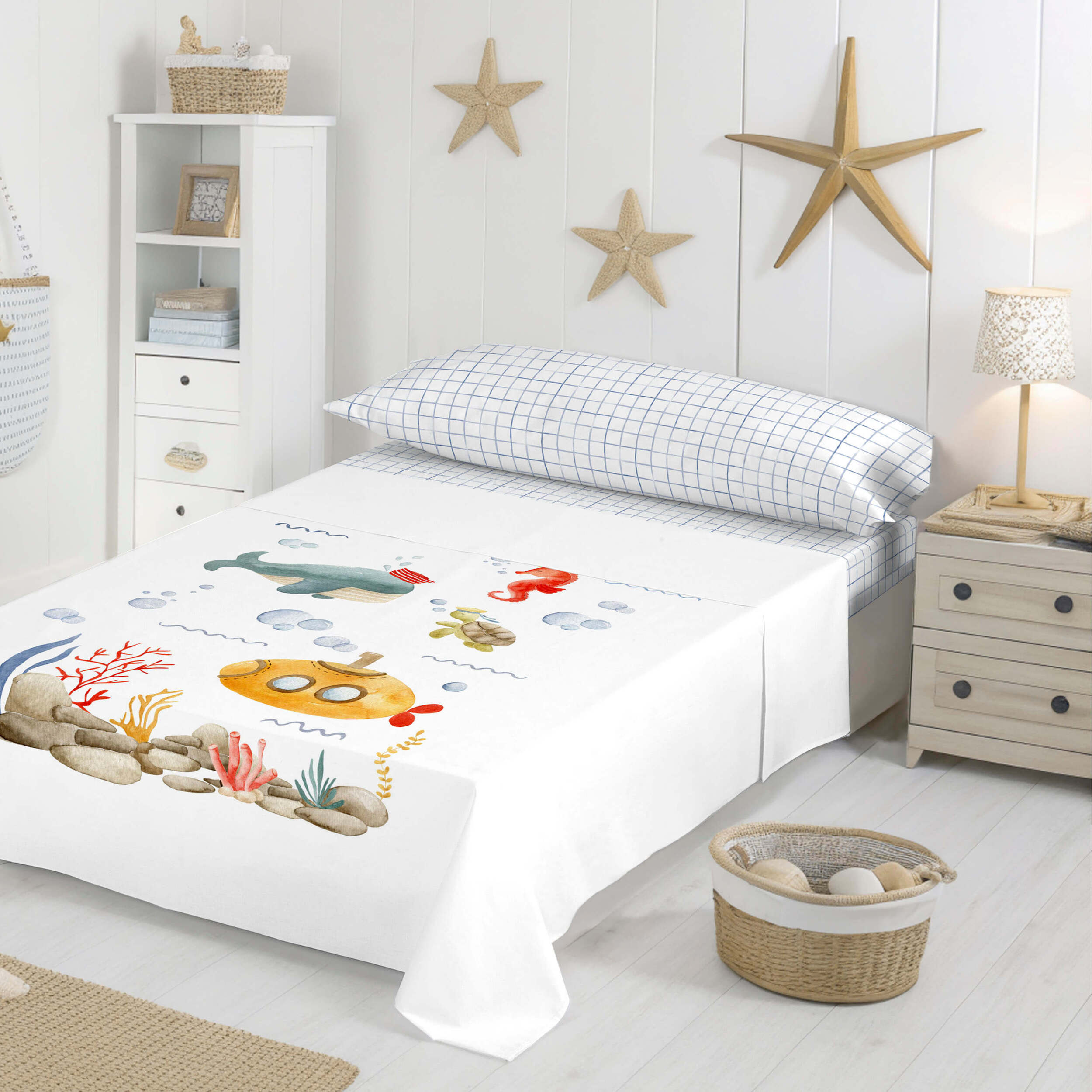 Cool Kids - Juego de Sábanas Estampadas - Infantil - Incluye 1 Funda de Almohada + 1 Sábana Bajera - 100% Algodón - Submarine