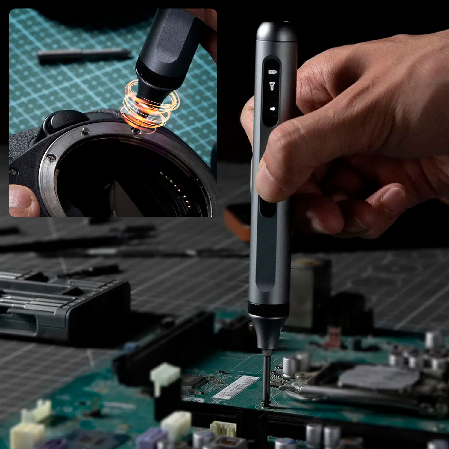 Destornillador eléctrico portátil 50 en 1 con doble luz, pantalla LCD, giro bidireccional, torque 0,3Nm y batería recargable.