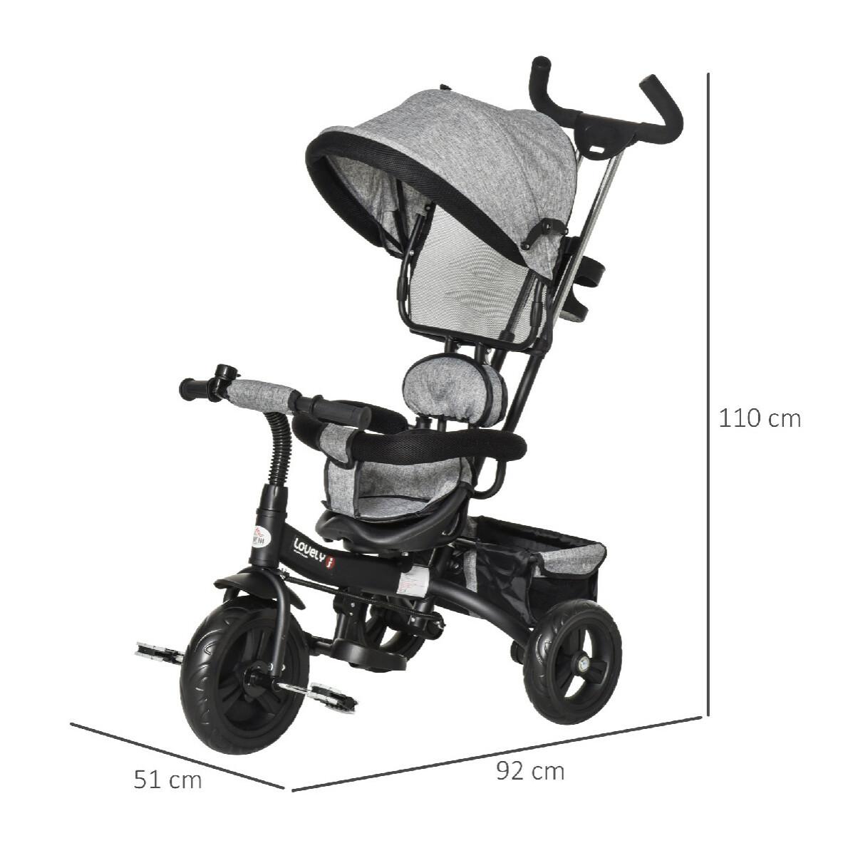 Tricycle enfant évolutif pare-soleil pliable canne  télescopique amovible 92 x 51 x 110 cm acier gris noir