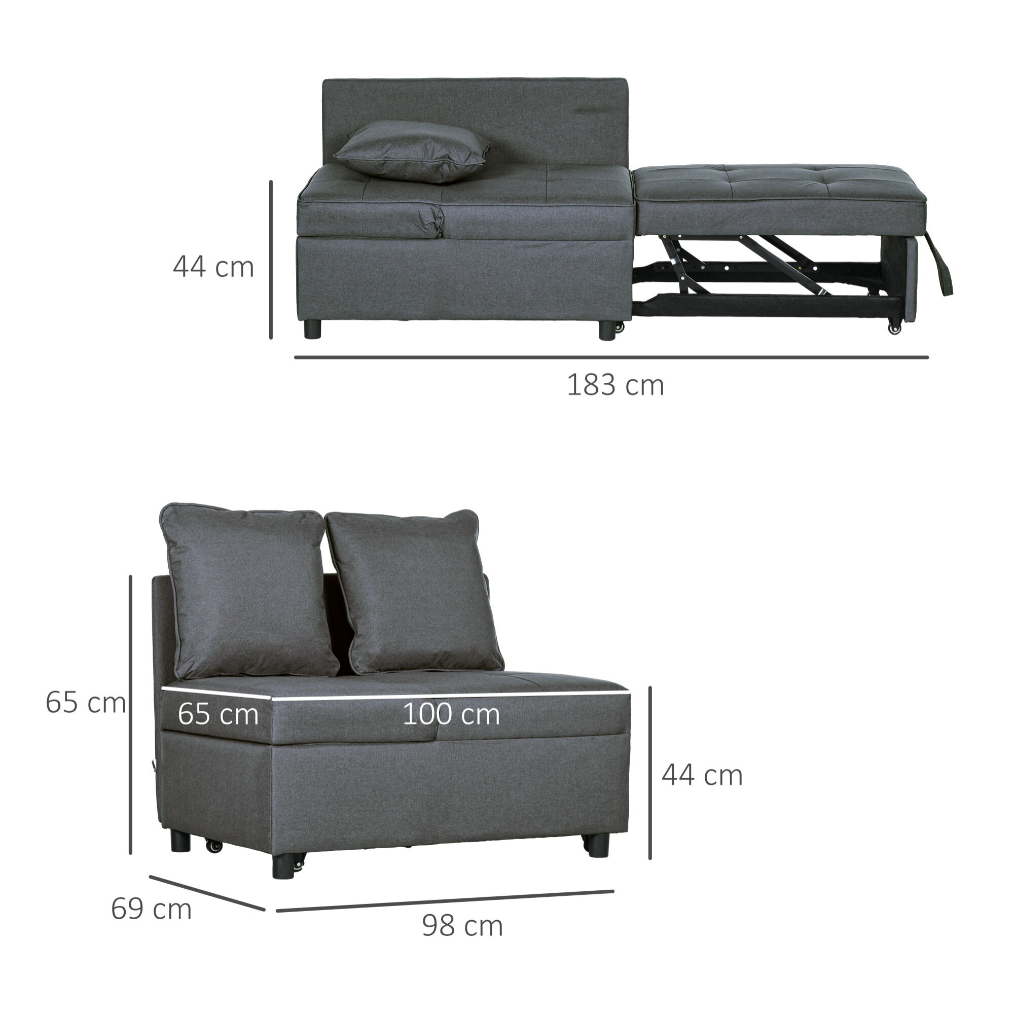 Sofá Cama 3 en 1 Sofá Cama de 1 Plaza con Respaldo Ajustable Sillón Cama Individual con Almohadas para Dormitorio Sala de Estar Apartamento Gris