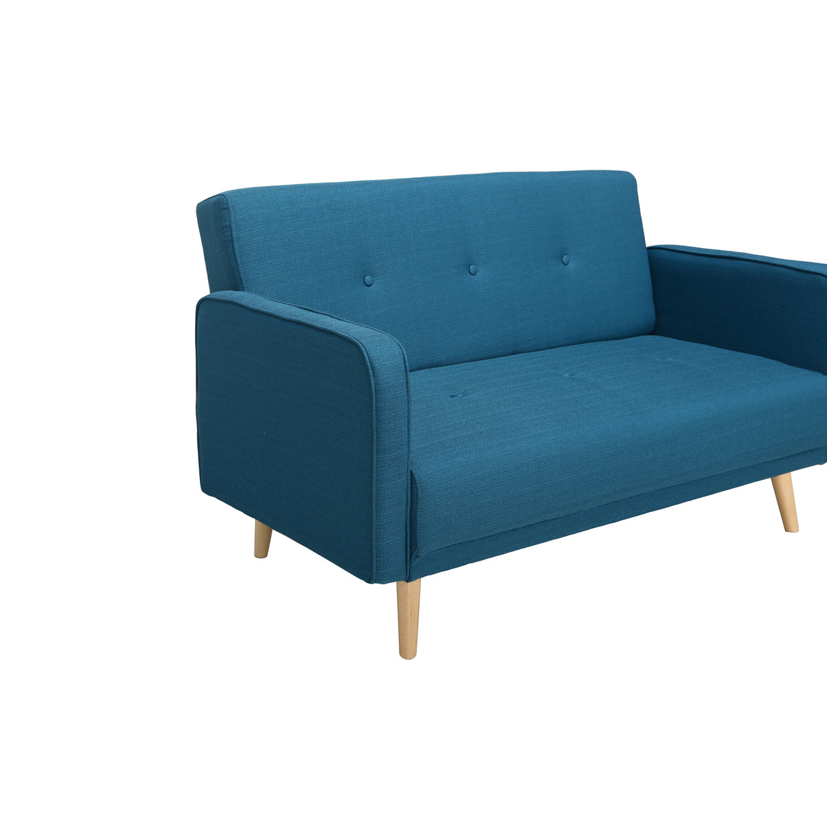 Canapé scandinave 2 places en tissu bleu canard et bois clair ULLA