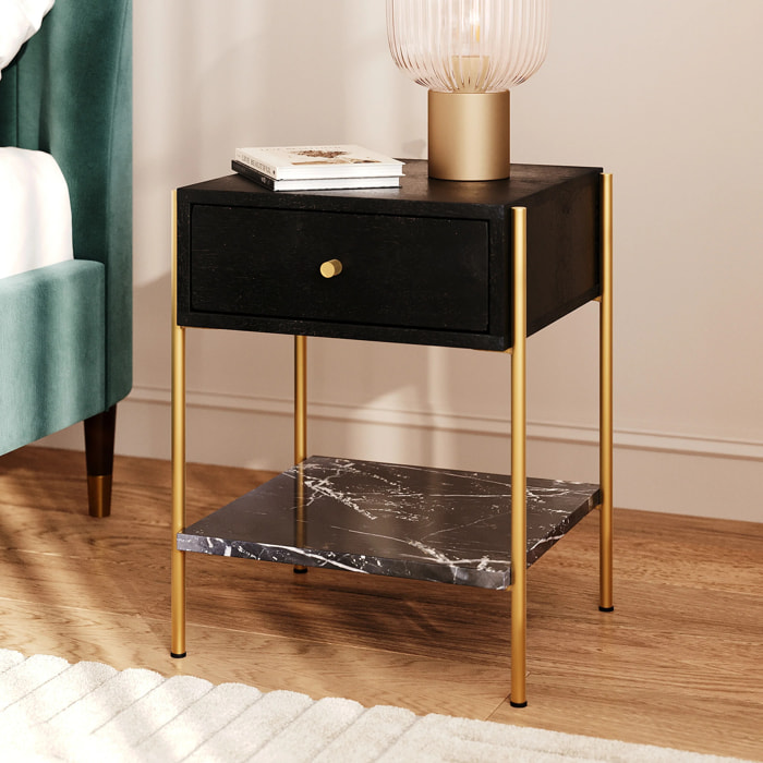 Table de chevet 1 tiroir en bois noir et métal doré - Doori