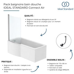 Pack baignoire bain douche 170 x 80 cm gauche Connect Air + tablier + pare bain fixe + vidage Blanc