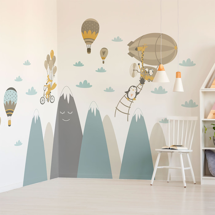 Stickers muraux enfants - Décoration chambre bébé - Autocollant Sticker mural géant enfant montagnes scandinaves ET ANIMAUX VOLANTS