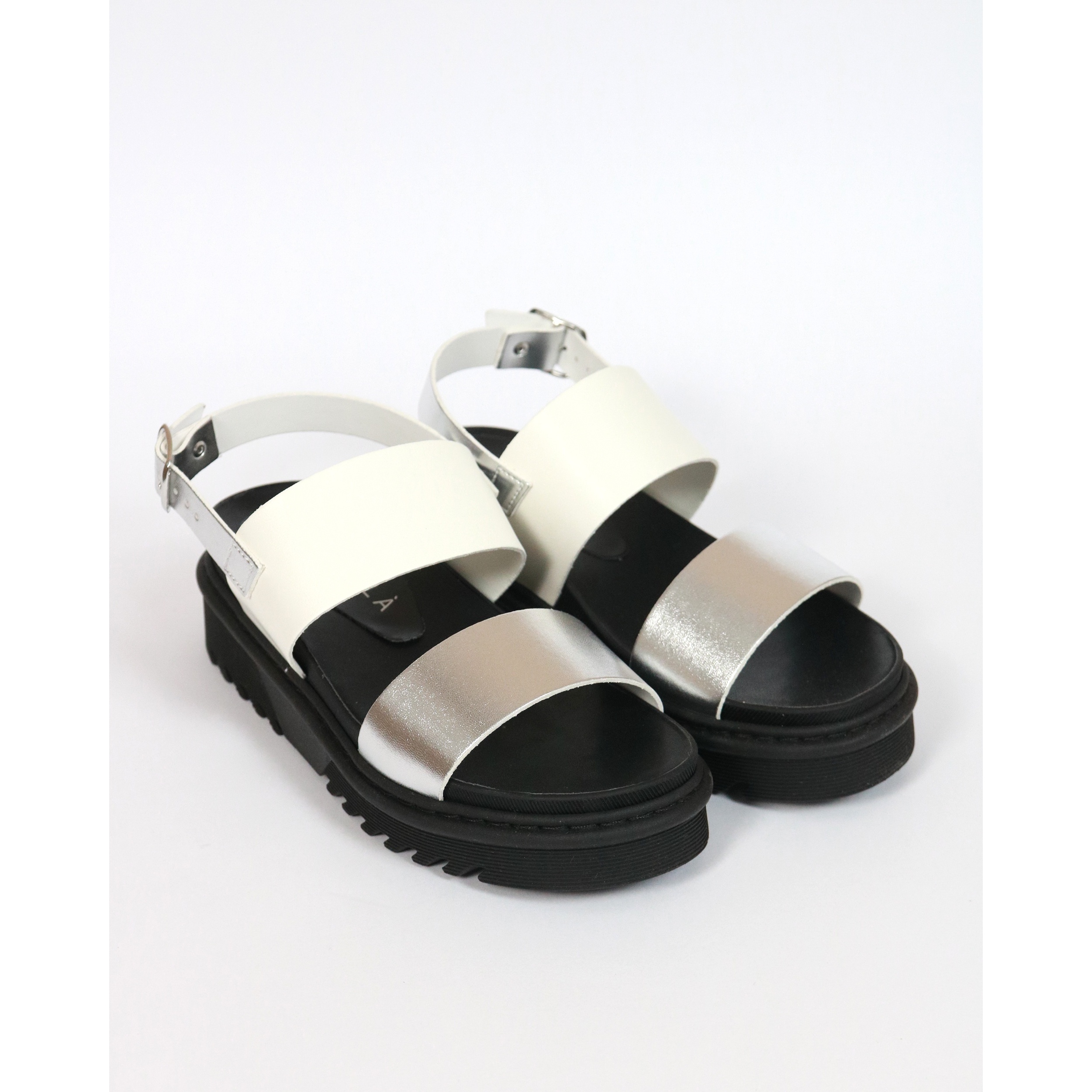 SANDALO FLATFORM DOPPIA FASCIA CHOCOLA' BIANCO E ARGENTO