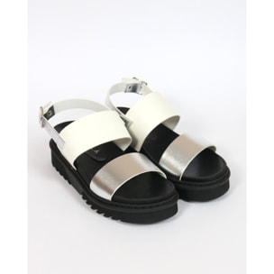 SANDALO FLATFORM DOPPIA FASCIA CHOCOLA' BIANCO E ARGENTO