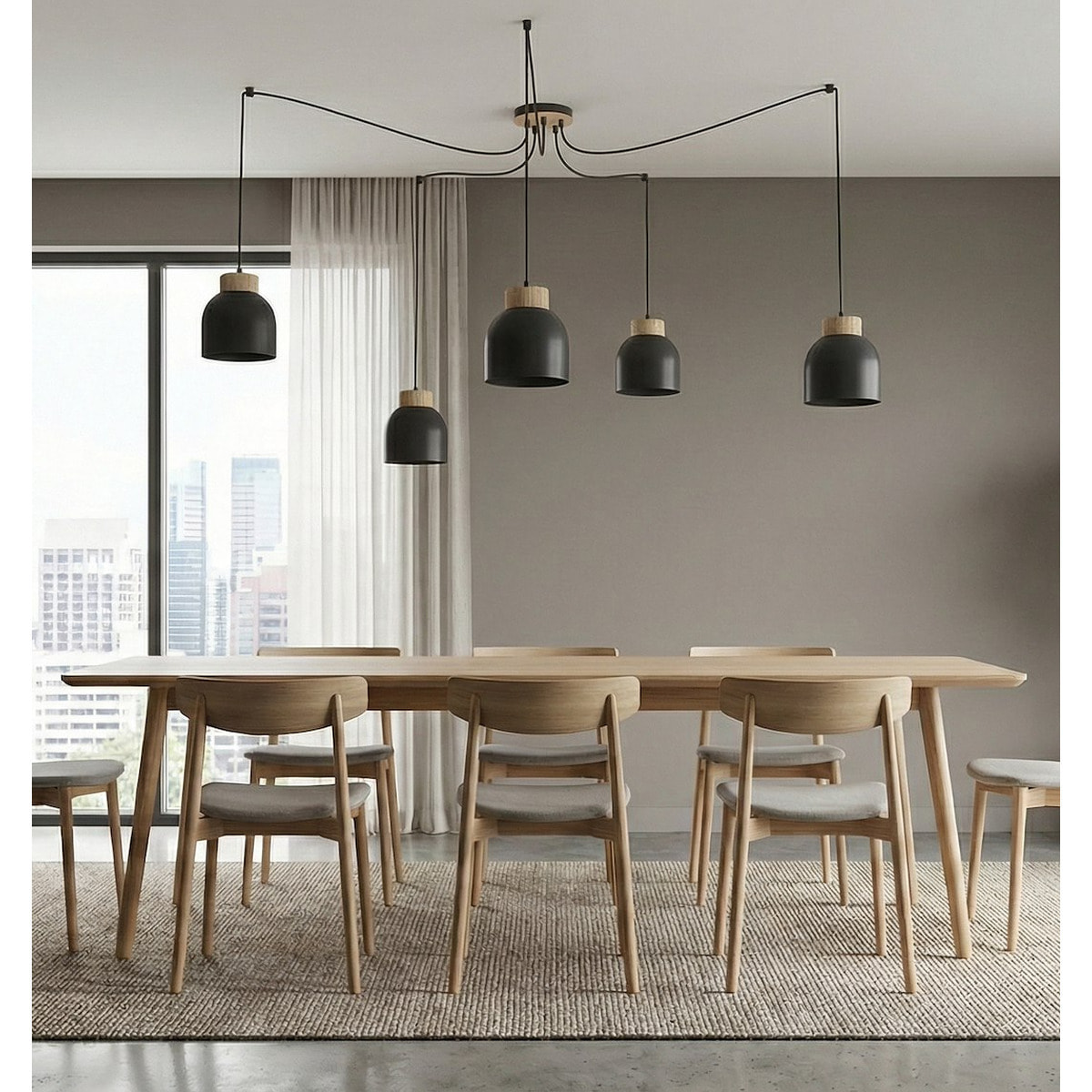Lampada a sospensione KRU in metallo nero opaco e legno naturale