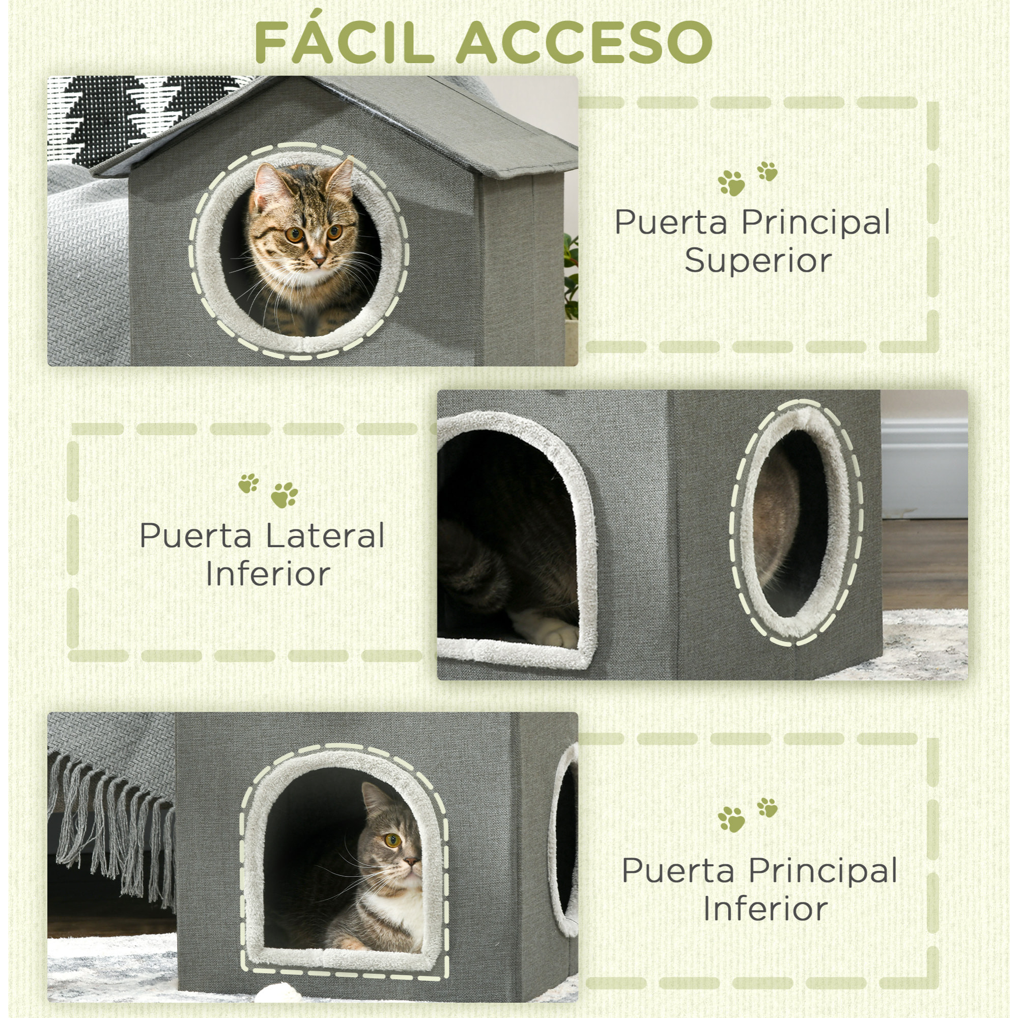 Casa para Gatos de 2 Niveles Cama para Gatos Cueva para Gatos con 3 Puertas y Cojines Lavables 42x46x59,5 cm Gris
